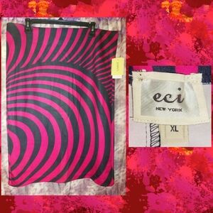 ECI brand Burgundy & Black Curved Stripes Print Knit Ponte Midi Pencil Skirt XL